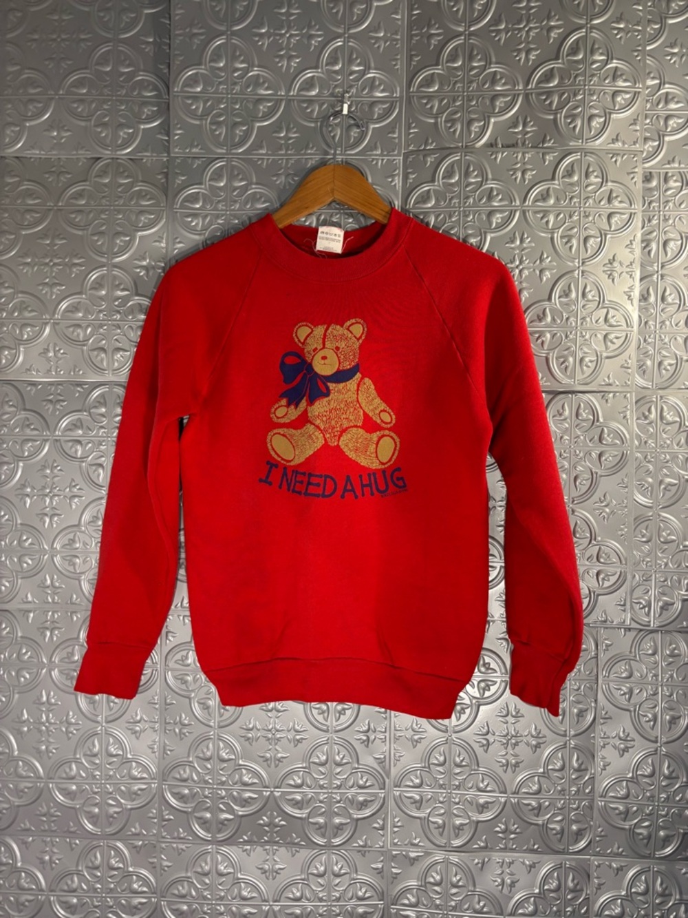 Vintage 80s Hanes red crewneck sweater teddy bear graphic need a hug deadstock
